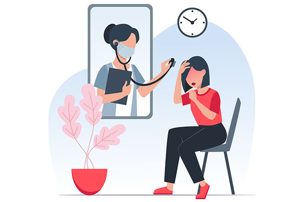 Illustration of a woman coughing with a doctor coming out of a large mobile screen with a stethoscope