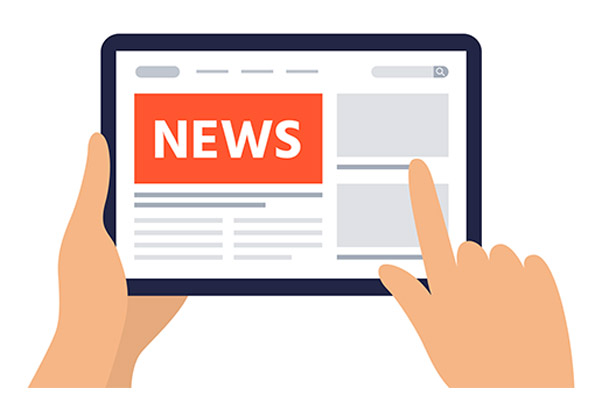 Illustration of hands holding a mobile tablet with news on