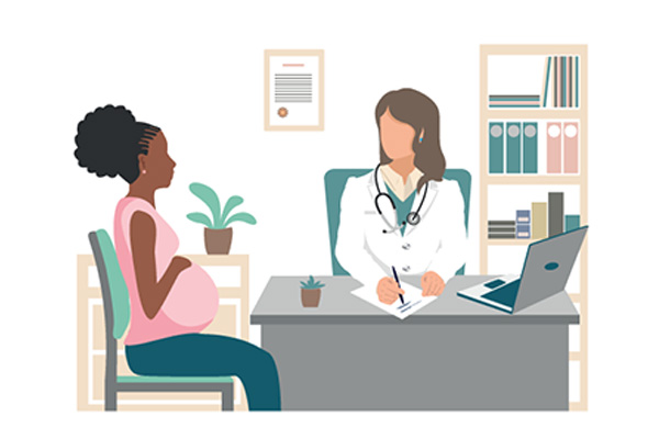 Illustration of a pregnant woman having an appointment with a clinician